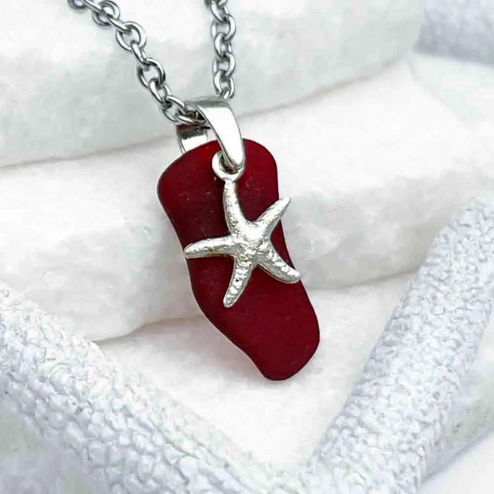 Deep Red Sea Glass Pendant with Sterling Silver Starfish Charm | 5239