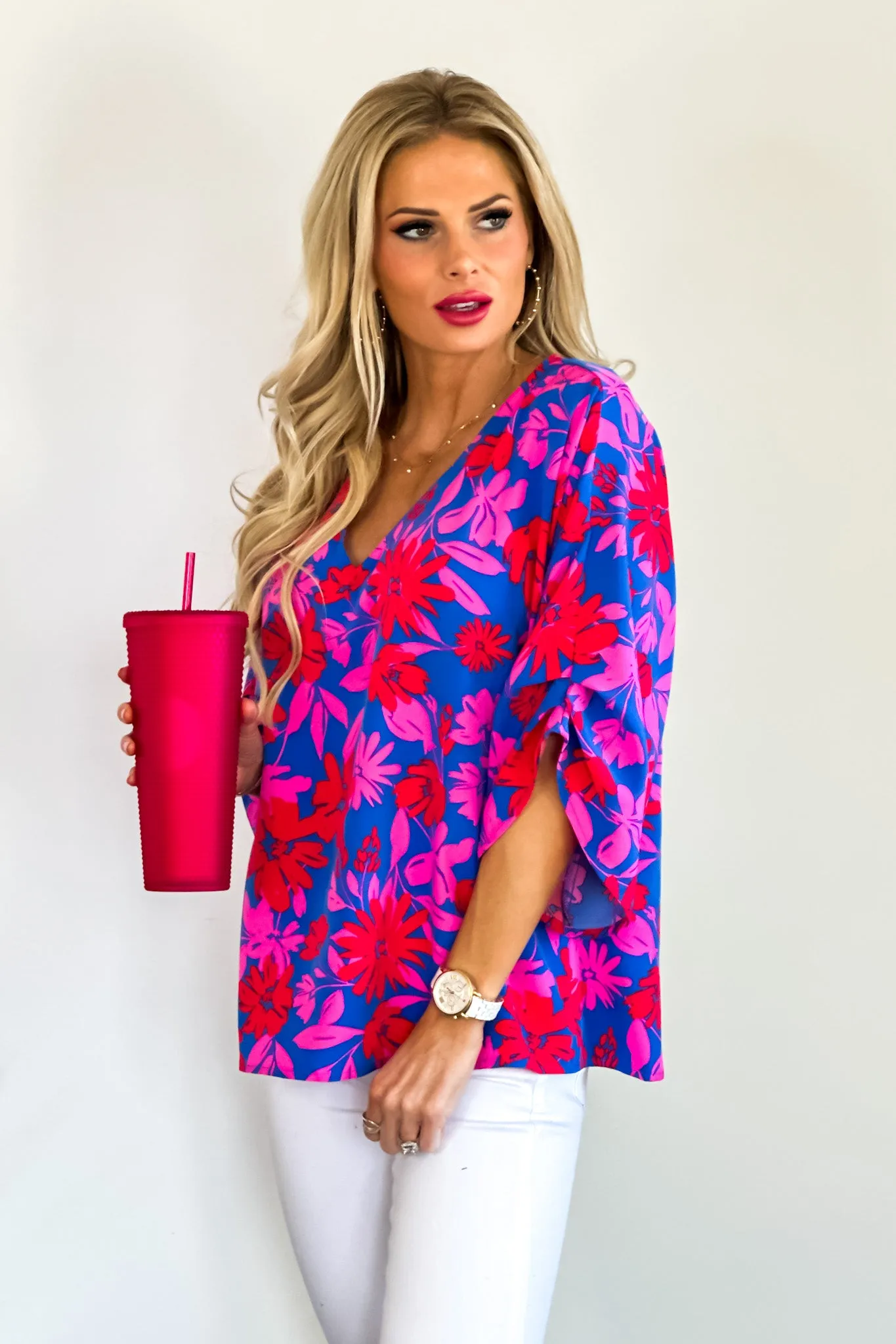 Floral Nights Kimono Sleeve Top : Royal Pink