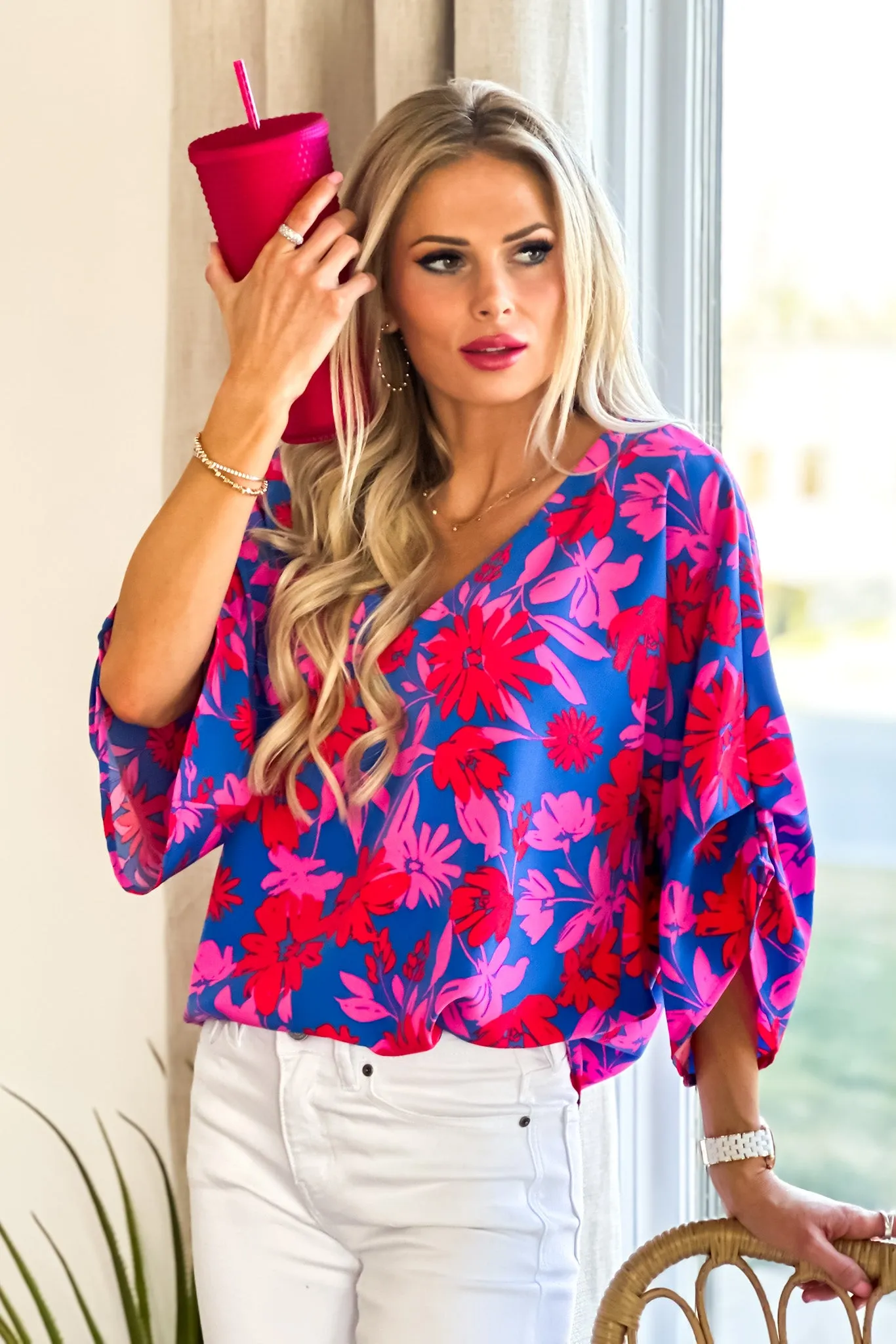 Floral Nights Kimono Sleeve Top : Royal Pink