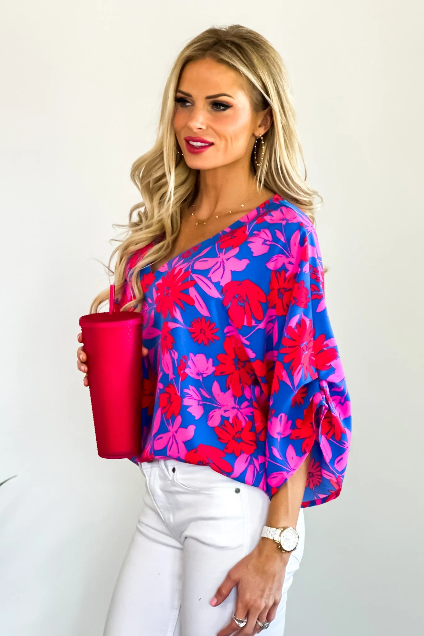 Floral Nights Kimono Sleeve Top : Royal Pink