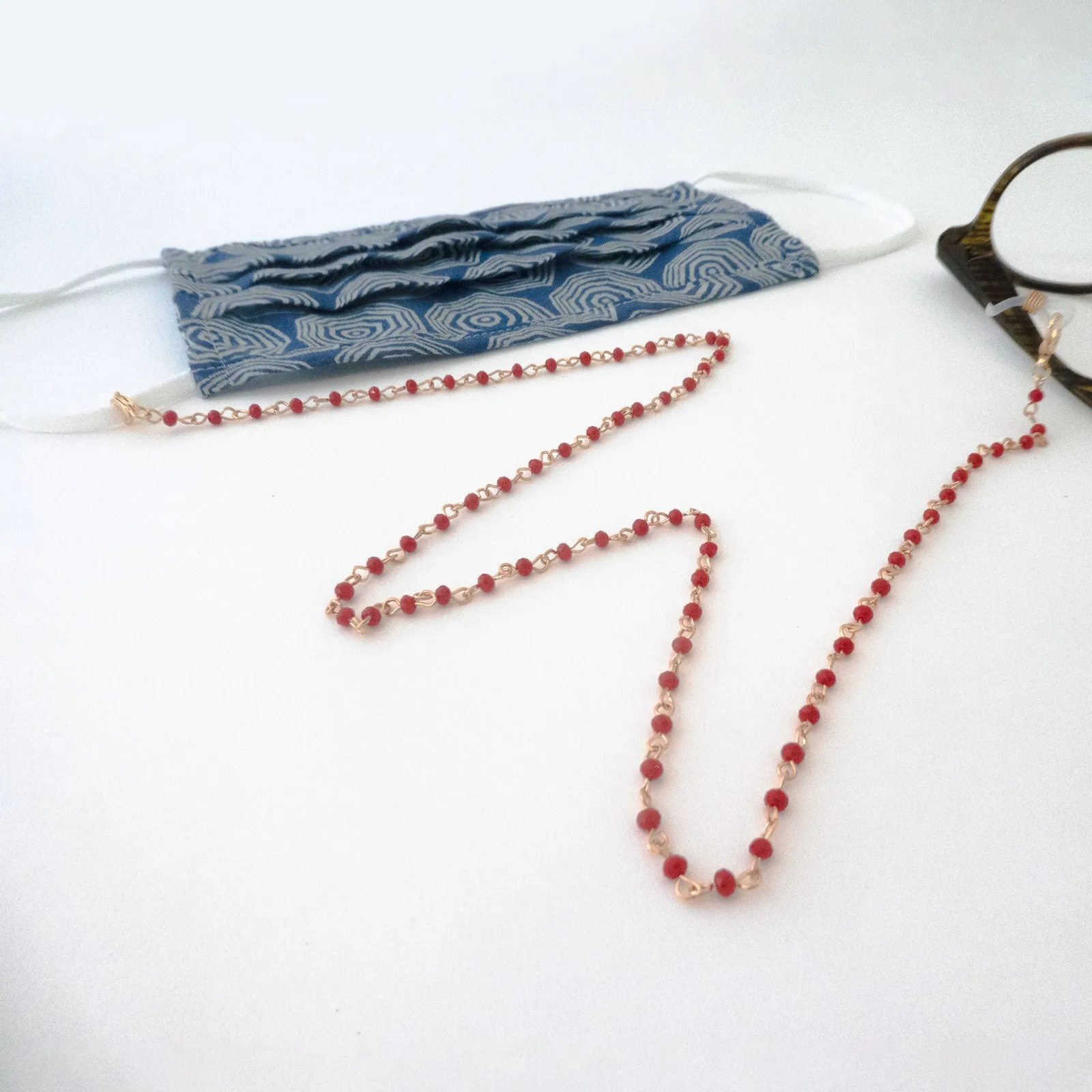 Gold Chain Face Mask Lanyard Necklace with Red Beads