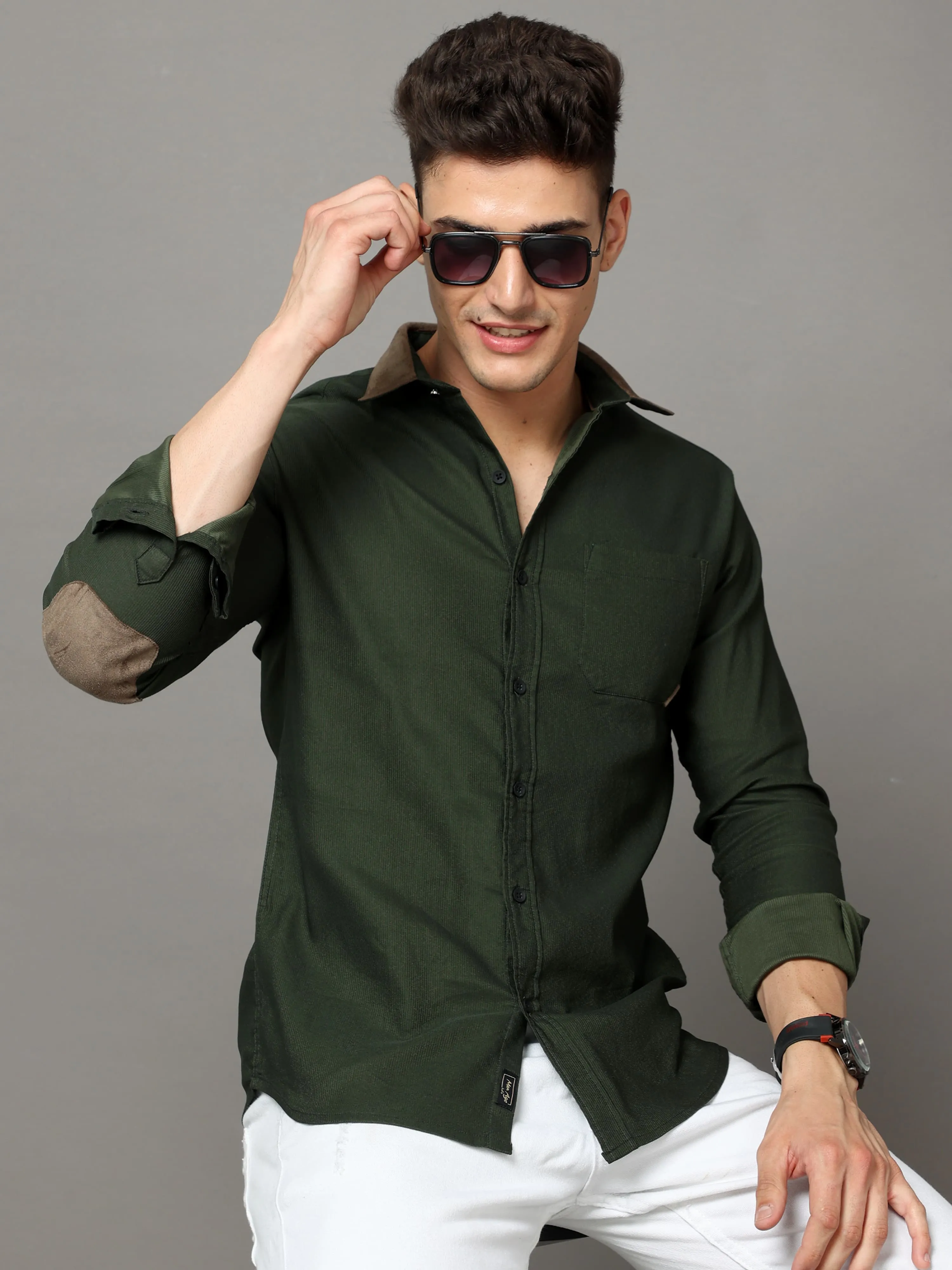 green cotton self stripe corduroy with leather constrast shirt