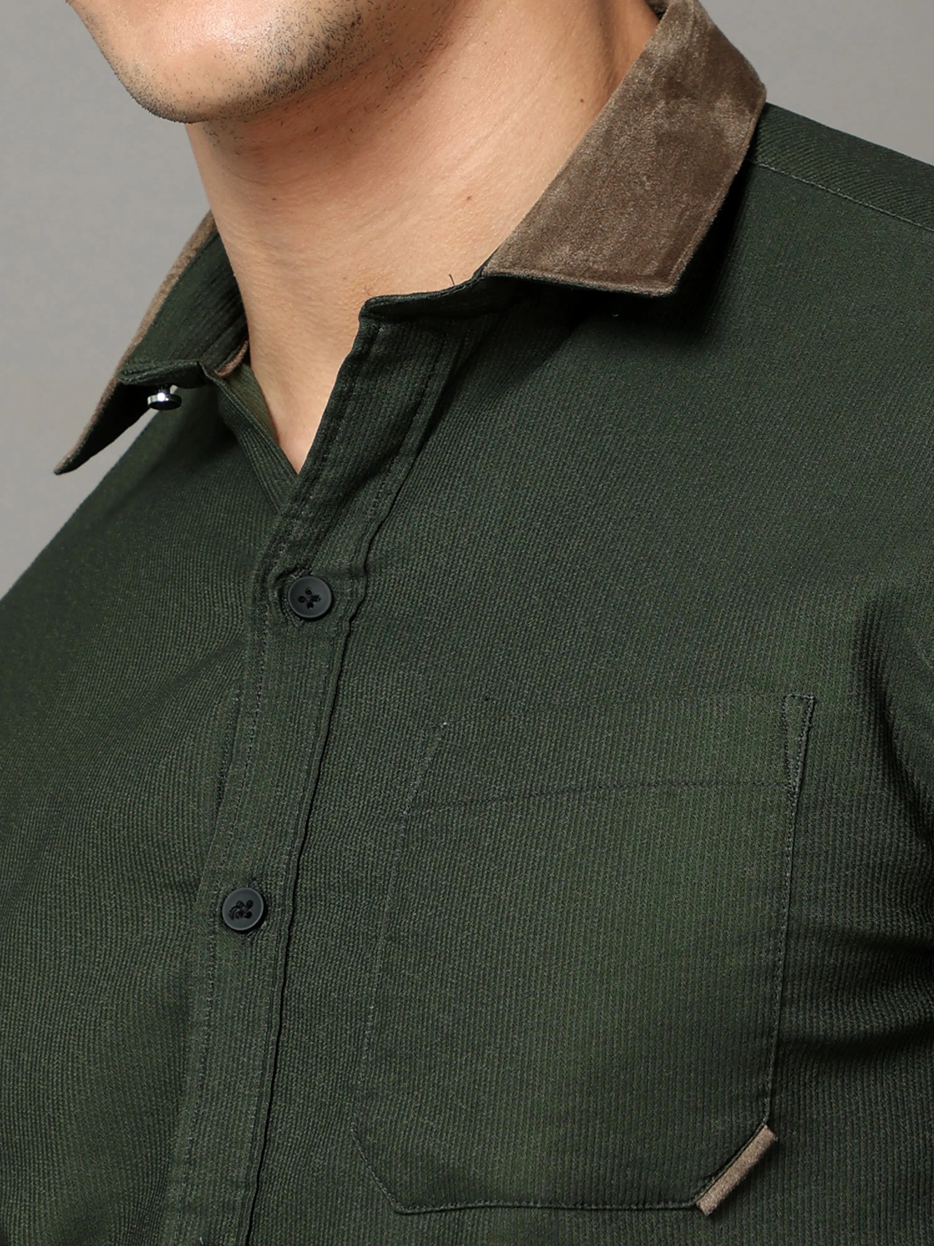 green cotton self stripe corduroy with leather constrast shirt