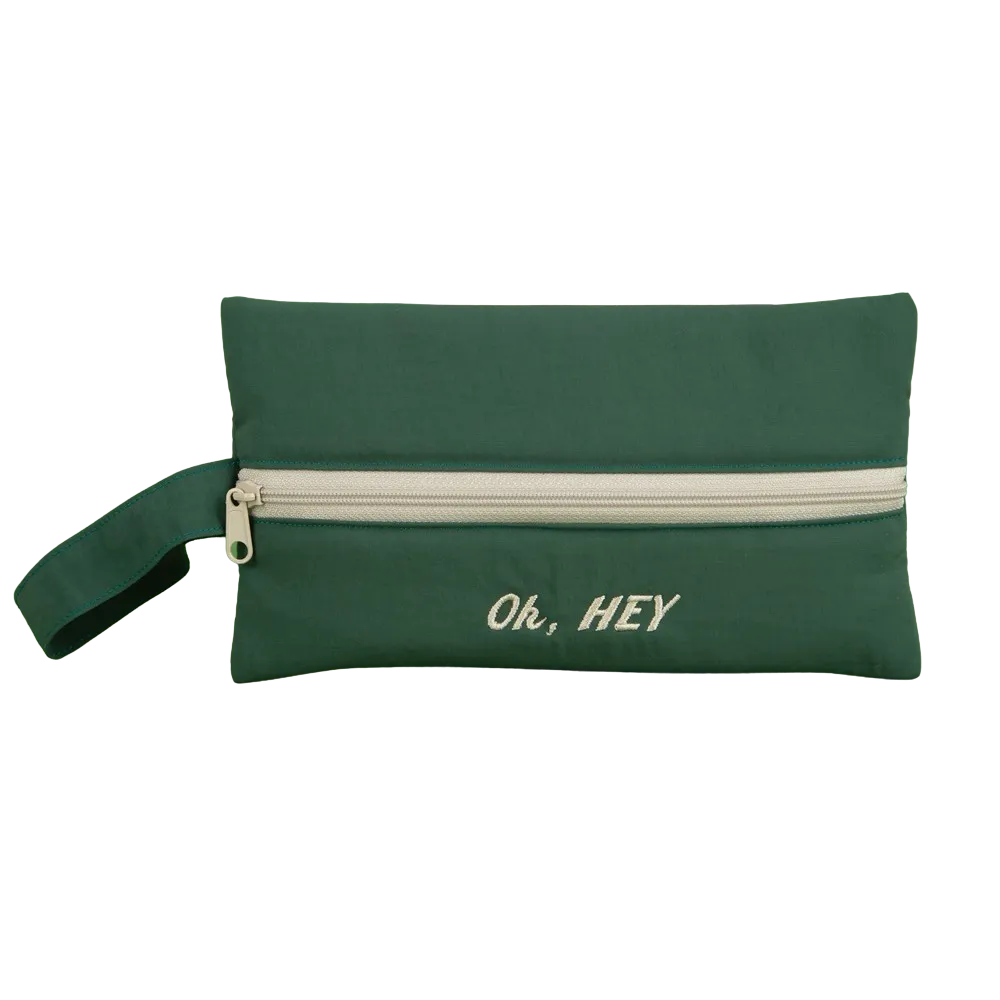 Green Oh Hey Typo Embroidery Airy Strap Pouches Slim Pencil Cases Ultra Light Stationery School Office Cosmetics Bags Gifts Bags Purses Students Cute Teens Girls