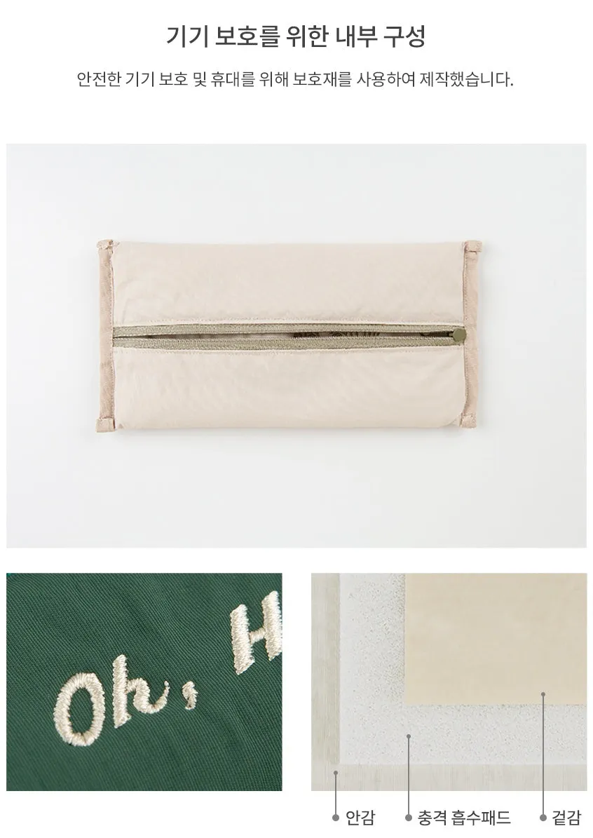 Green Oh Hey Typo Embroidery Airy Strap Pouches Slim Pencil Cases Ultra Light Stationery School Office Cosmetics Bags Gifts Bags Purses Students Cute Teens Girls