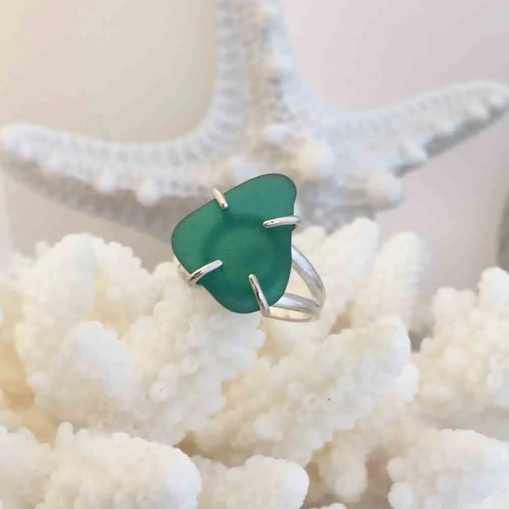 Greenie Teal Sea Glass Ring in Sterling Silver Size 8 | #7017