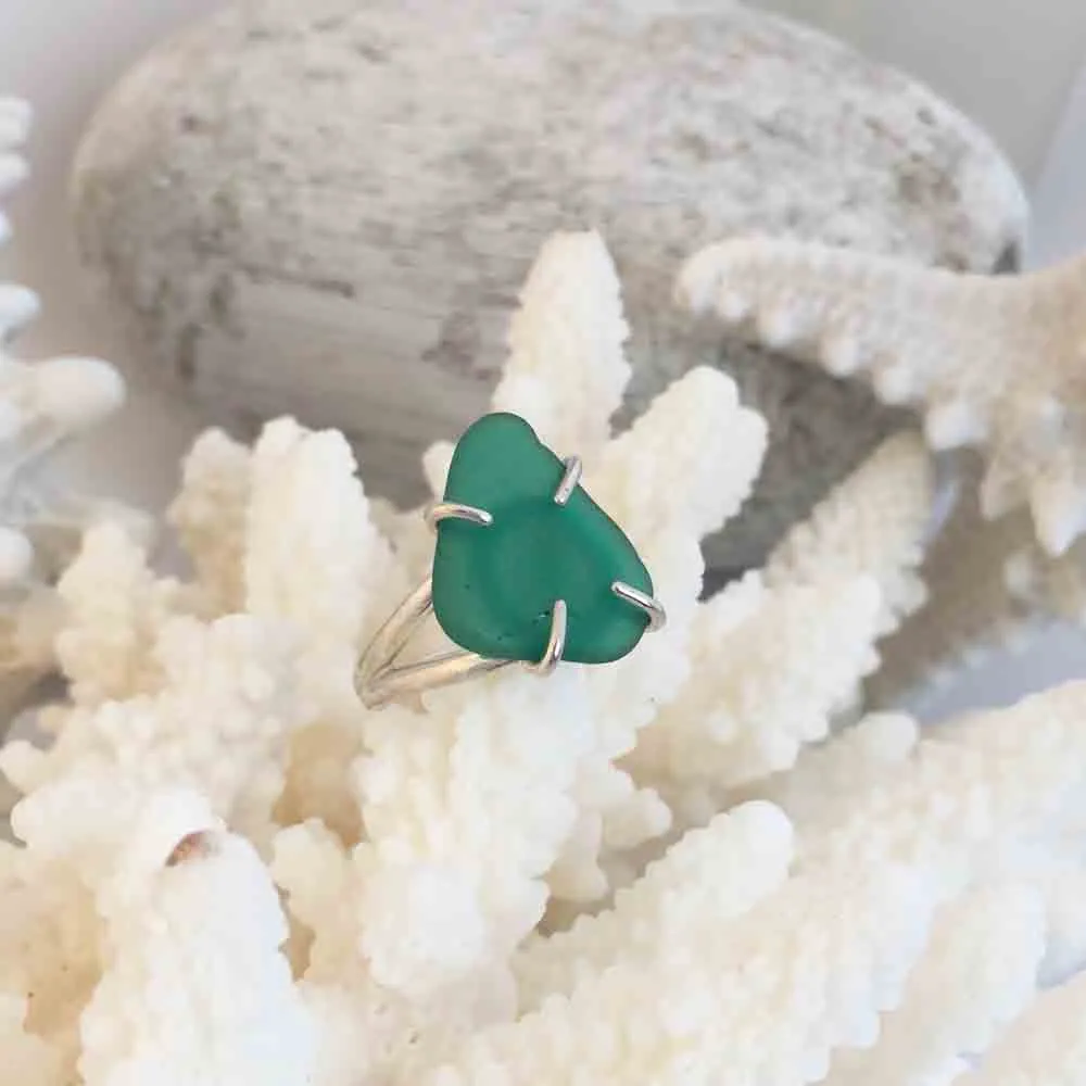 Greenie Teal Sea Glass Ring in Sterling Silver Size 8 | #7017