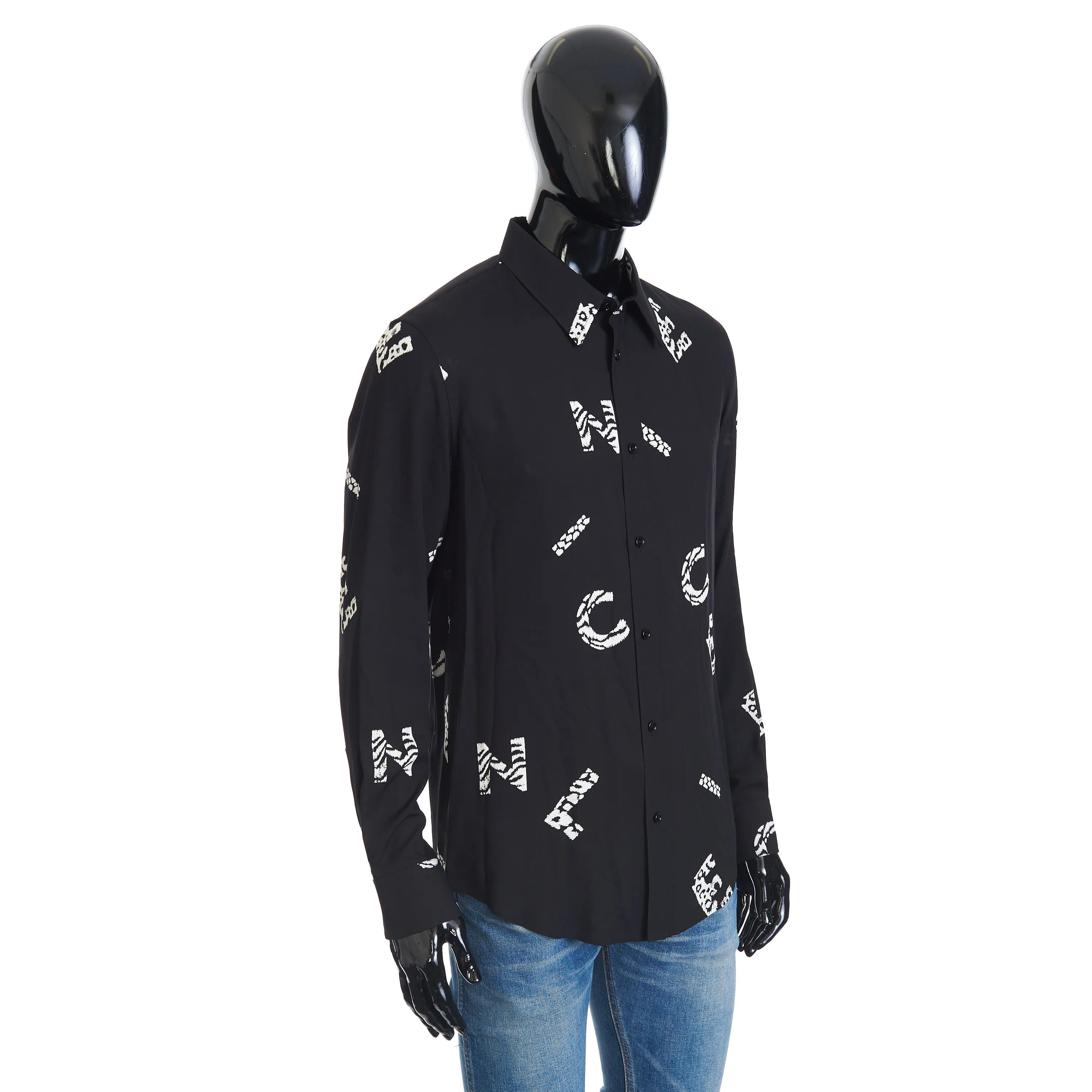 Letter Logo Print Shirt With Drugstore Collar In Black Viscose