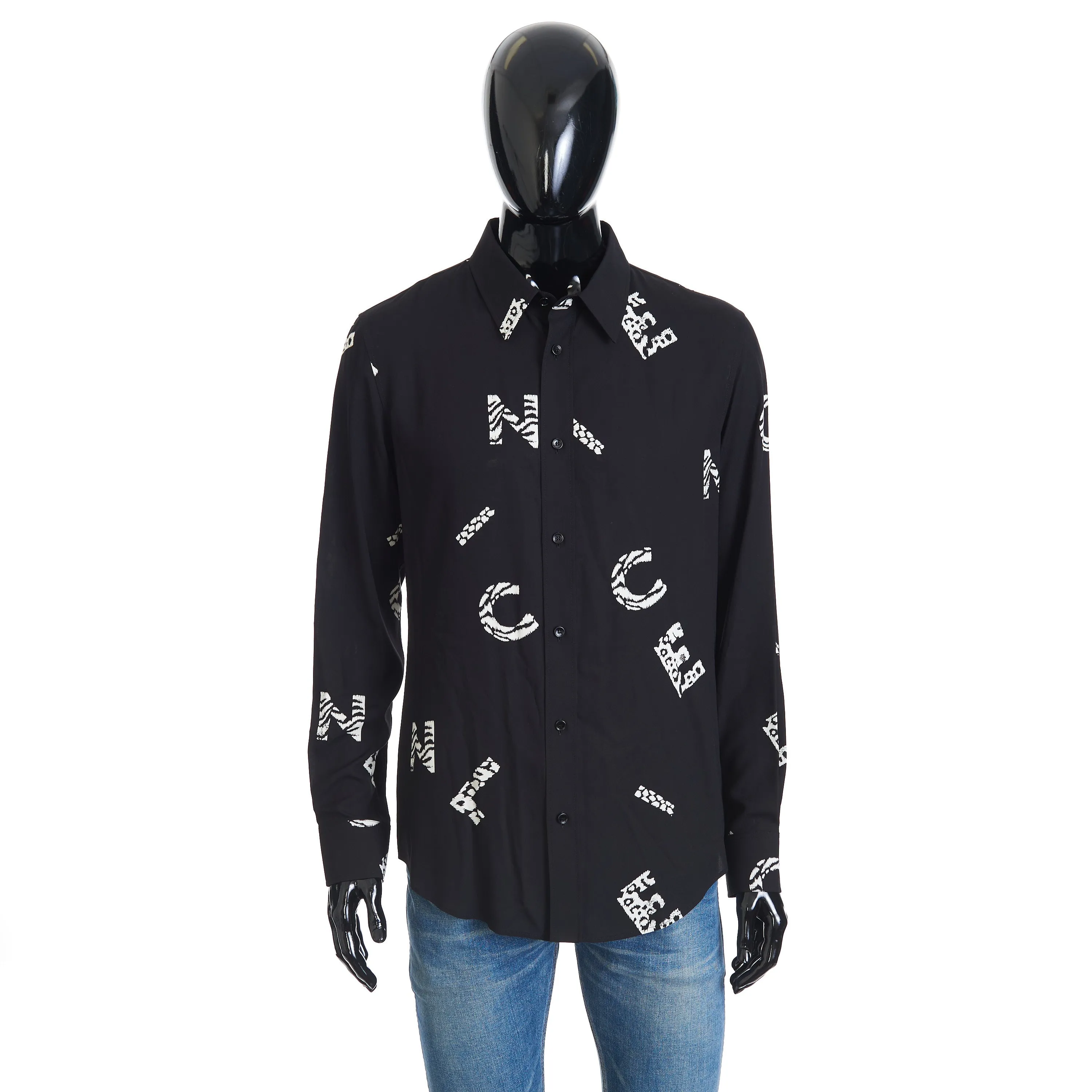 Letter Logo Print Shirt With Drugstore Collar In Black Viscose