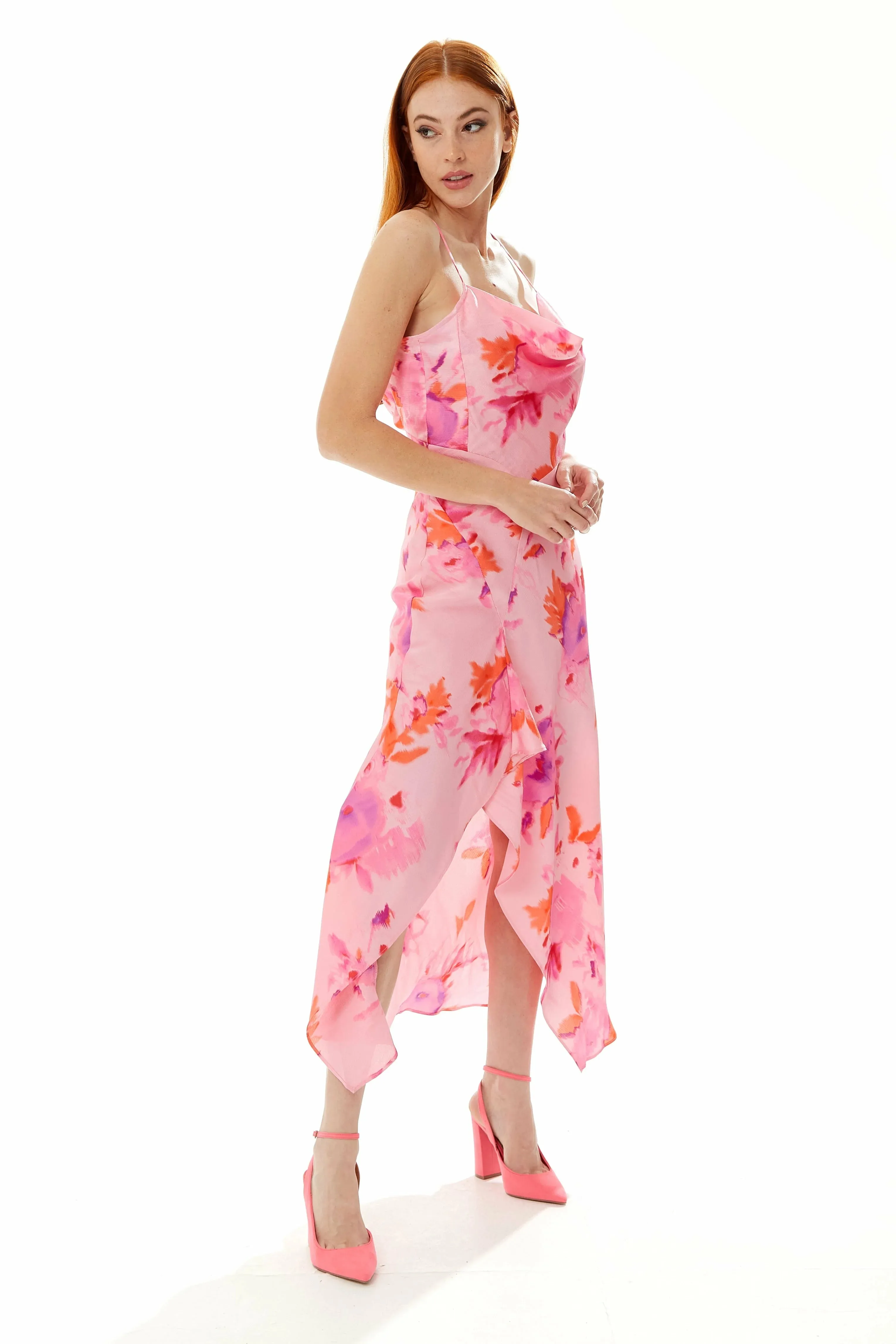 Liquorish Cowl Neck Maxi Floral Print Dress In Pink