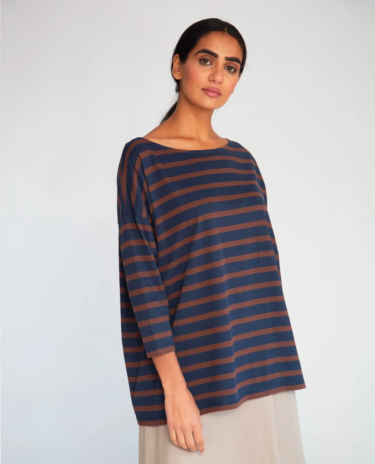 Mafalda-Sue Organic Cotton Top In Navy & Chocolate