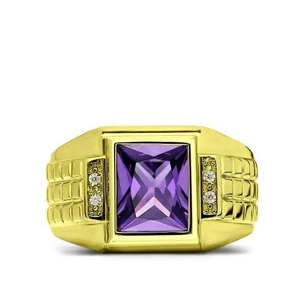 Mens Heavy Solid 14K Gold Ring Purple Amethyst 4 Natural Diamonds Men Jewelry