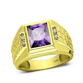 Mens Heavy Solid 14K Gold Ring Purple Amethyst 4 Natural Diamonds Men Jewelry