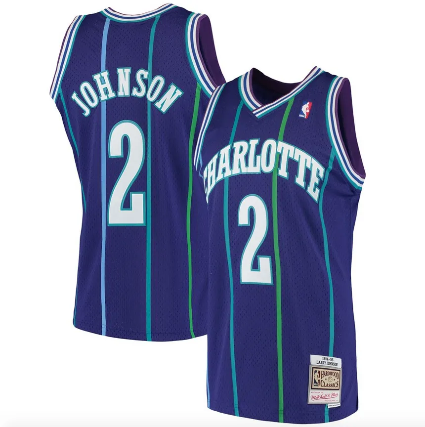 Mens Larry Johnson Charlotte Hornets 1994-95 Purple Swingman Replica Jersey By Mitchell & Ness