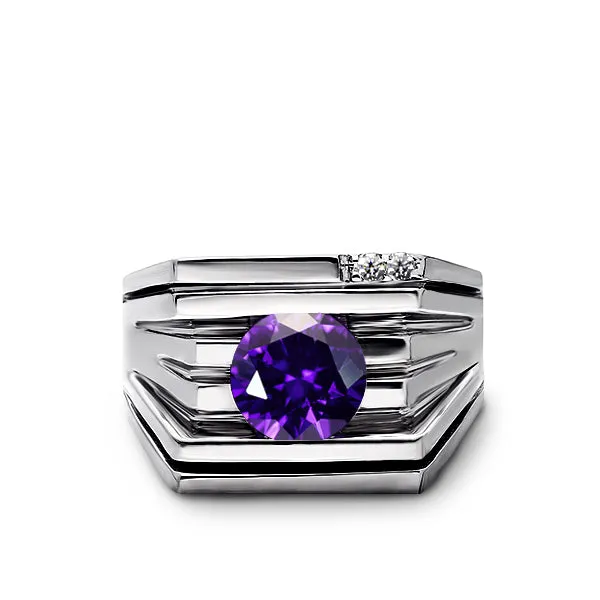 Mens Solid 10K White Gold Ring with Purple Amethyst and GENUINE DIAMONDS