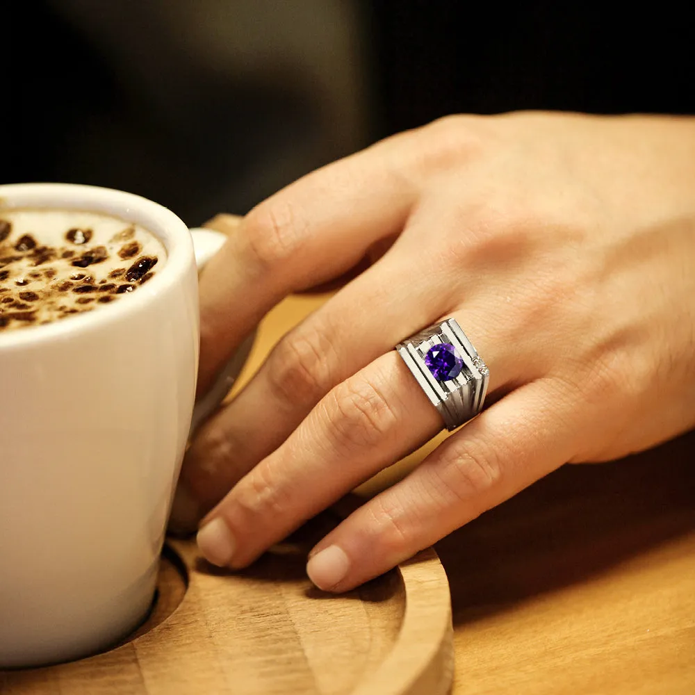 Mens Solid 10K White Gold Ring with Purple Amethyst and GENUINE DIAMONDS