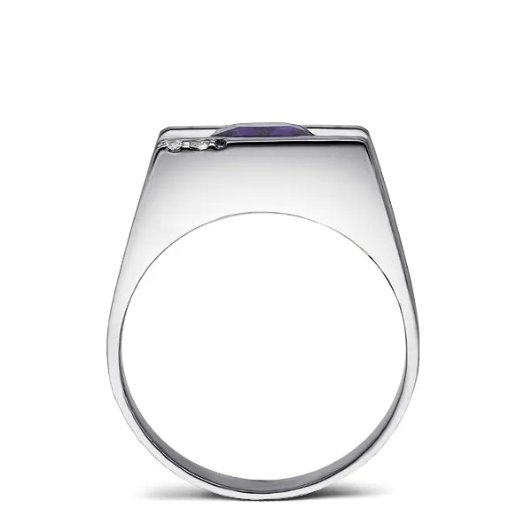 Mens Solid 10K White Gold Ring with Purple Amethyst and GENUINE DIAMONDS