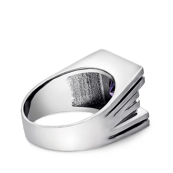 Mens Solid 10K White Gold Ring with Purple Amethyst and GENUINE DIAMONDS