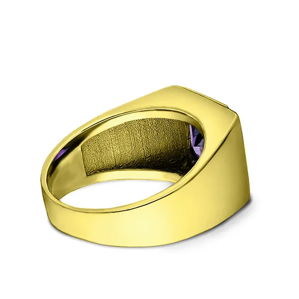 Mens Solid 18K Gold Purple Amethyst Ring 3 Natural Diamonds Fine Ring for Man