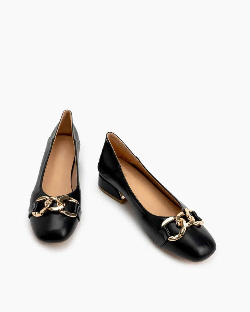 Metal Decor Round Toe Chunky Heel Loafers