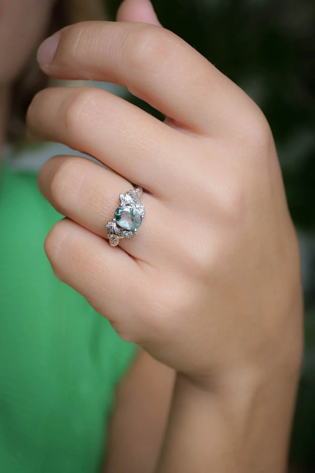 Moss agate and diamonds engagement ring, gold leaf and vine engagement ring / Vineyard