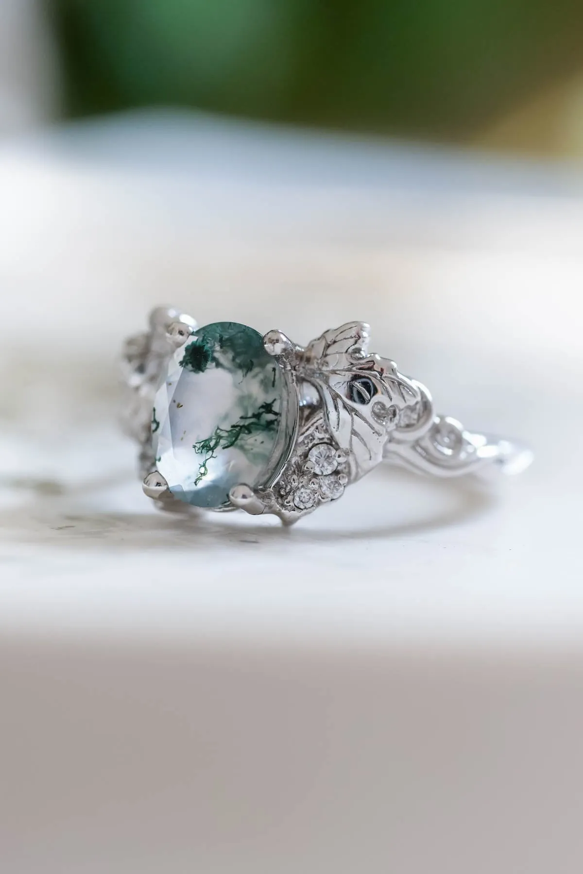 Moss agate and diamonds engagement ring, gold leaf and vine engagement ring / Vineyard