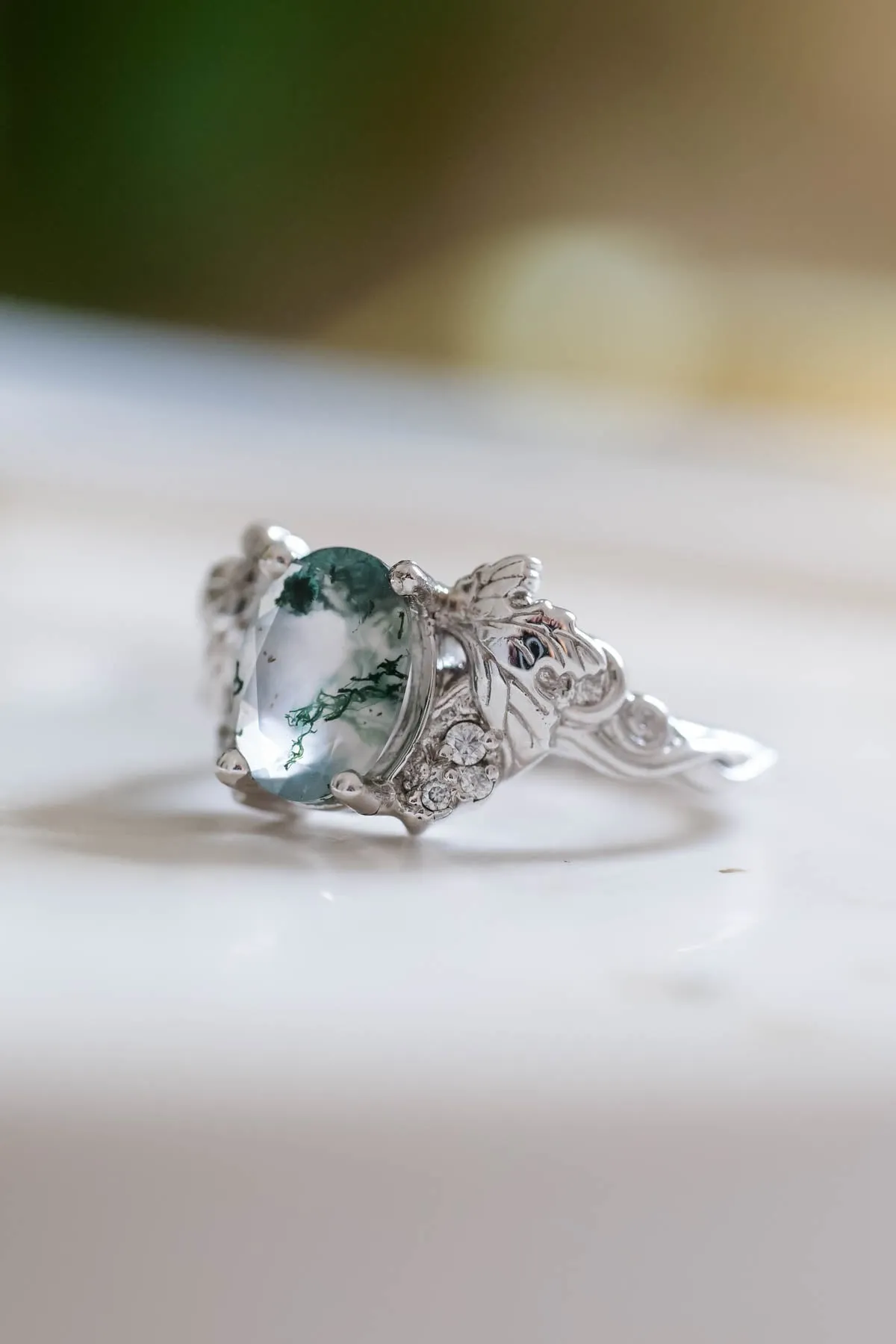 Moss agate and diamonds engagement ring, gold leaf and vine engagement ring / Vineyard