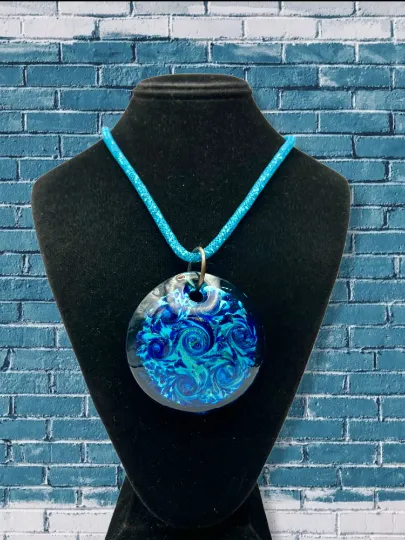 Murano Glass Blue Circle Pendant on a Seed Bead Filled Cord