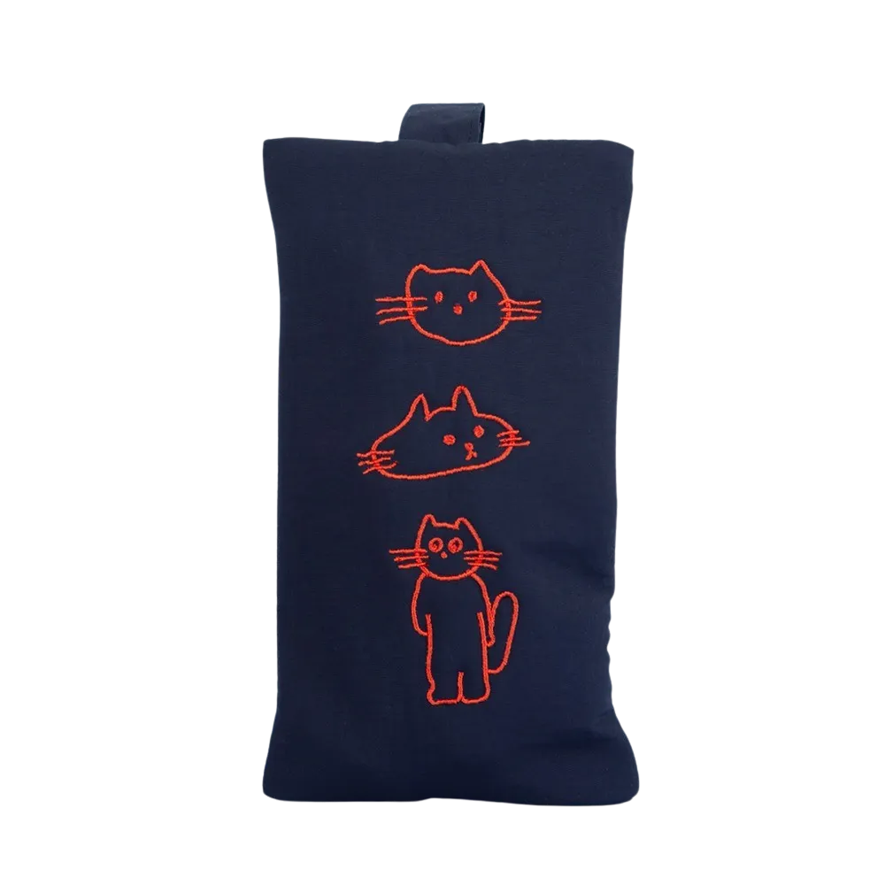 Navy Blue Cats Graphic Embroidery Airy Hand Strap Pouches Slim Pencil Cases Ultra Light Stationery School Office Cosmetics Bags Gifts Bags Purses Students Cute Teens Girls