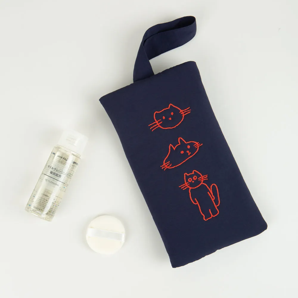 Navy Blue Cats Graphic Embroidery Airy Hand Strap Pouches Slim Pencil Cases Ultra Light Stationery School Office Cosmetics Bags Gifts Bags Purses Students Cute Teens Girls