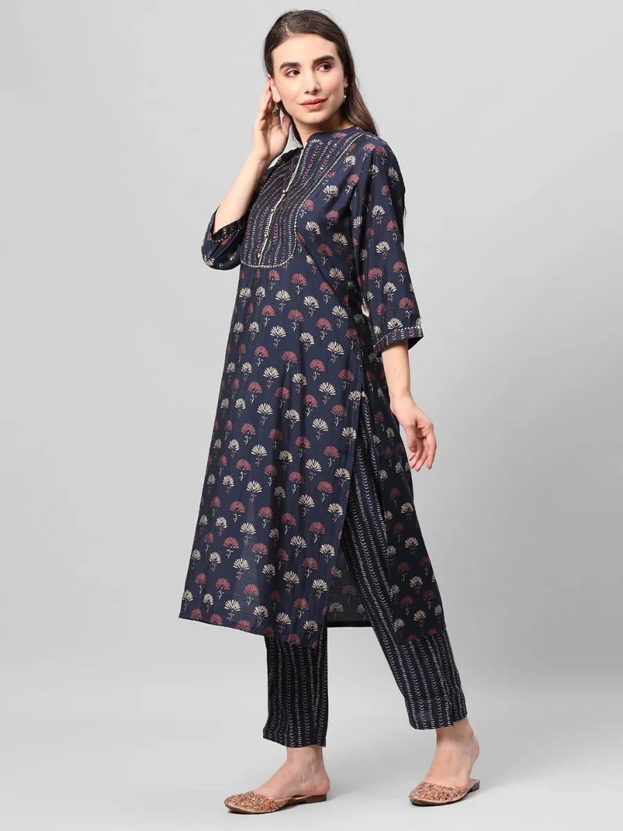 Navy Blue Floral Printed Kurta Trouser Dupatta