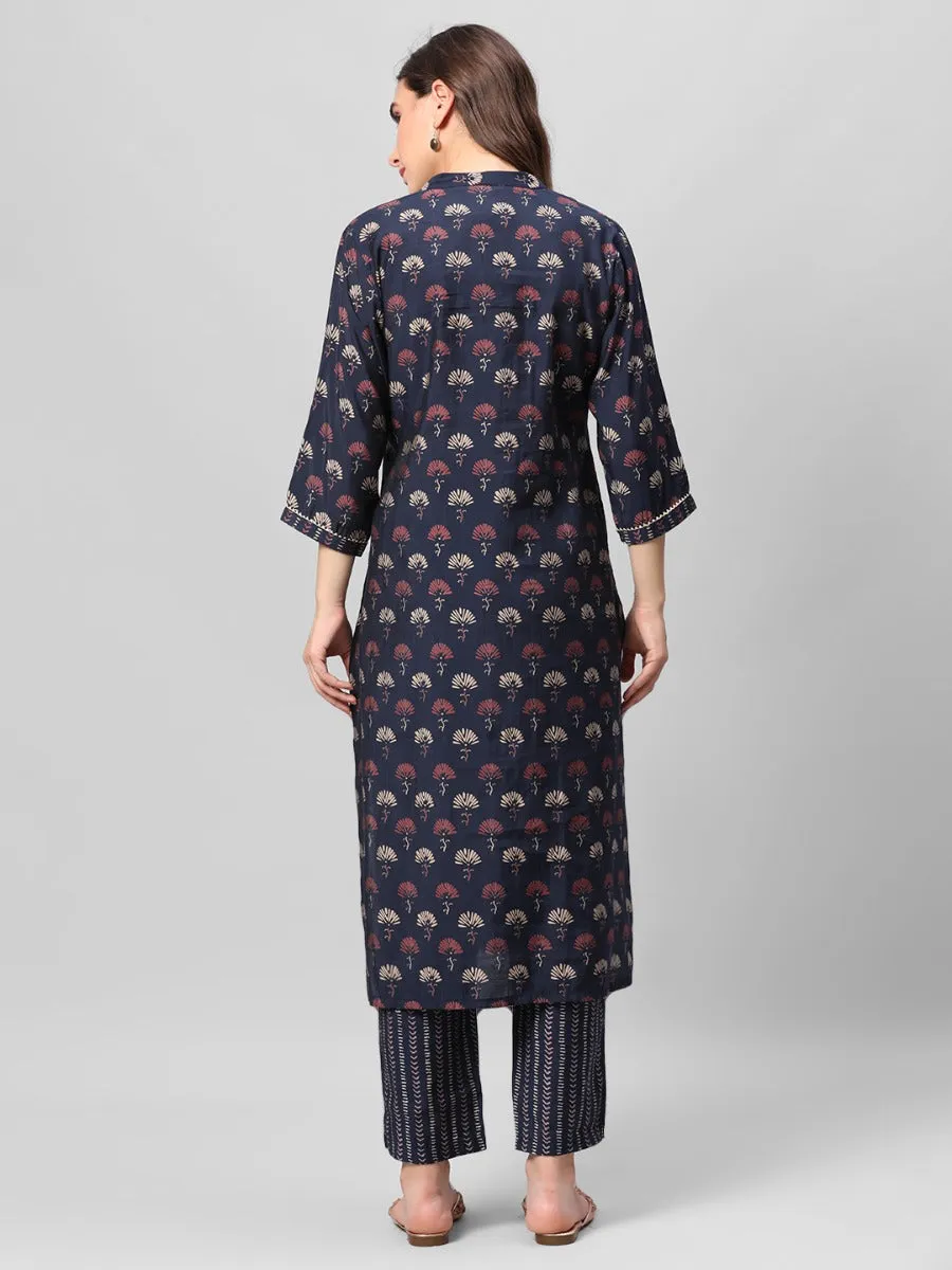 Navy Blue Floral Printed Kurta Trouser Dupatta