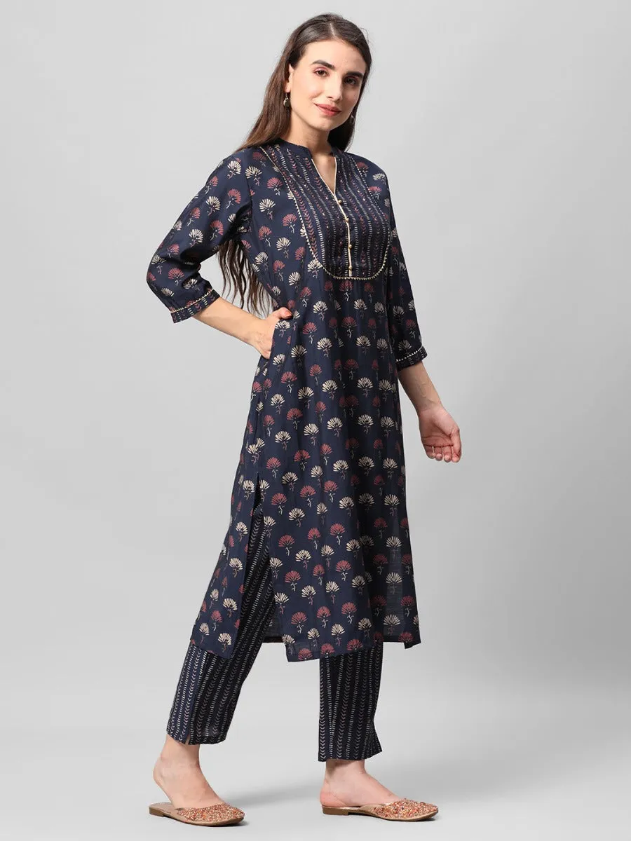 Navy Blue Floral Printed Kurta Trouser Dupatta