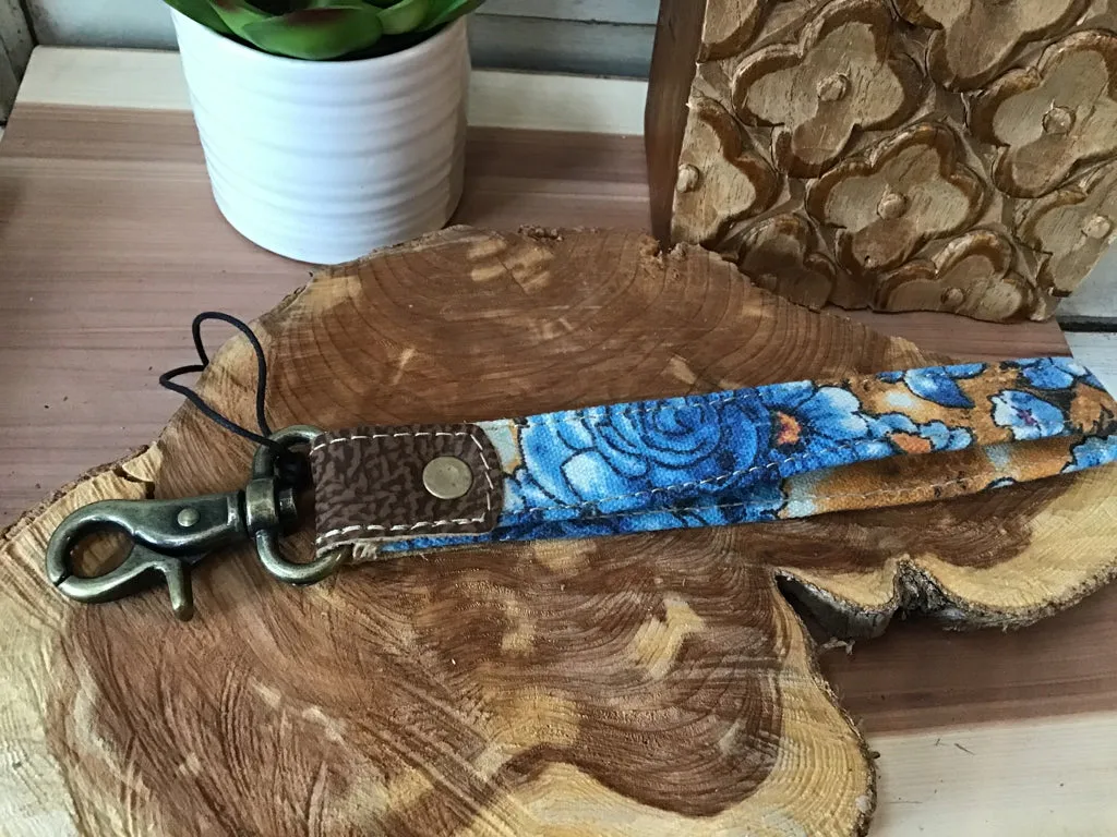 Orange Blue Floral KeyChain Wrist Fob