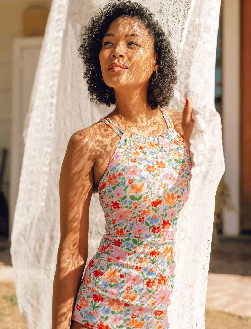 Painted Floral Double-Cinch Tankini Top