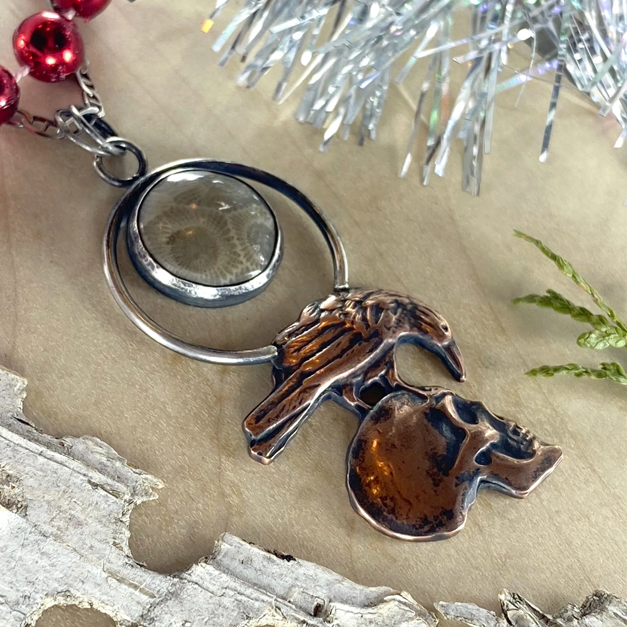 Petoskey Stone with Raven and Skull Pendant Necklace