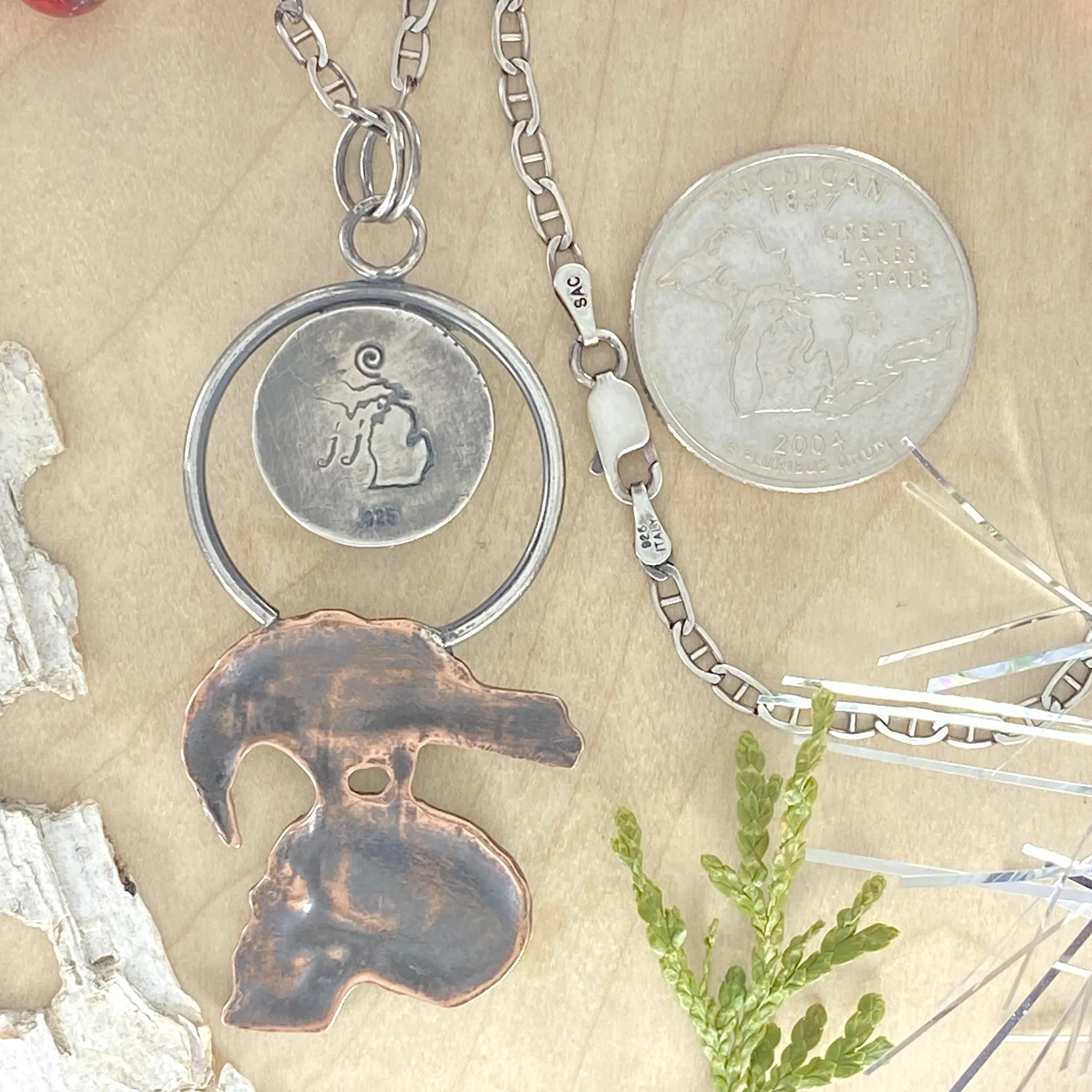 Petoskey Stone with Raven and Skull Pendant Necklace