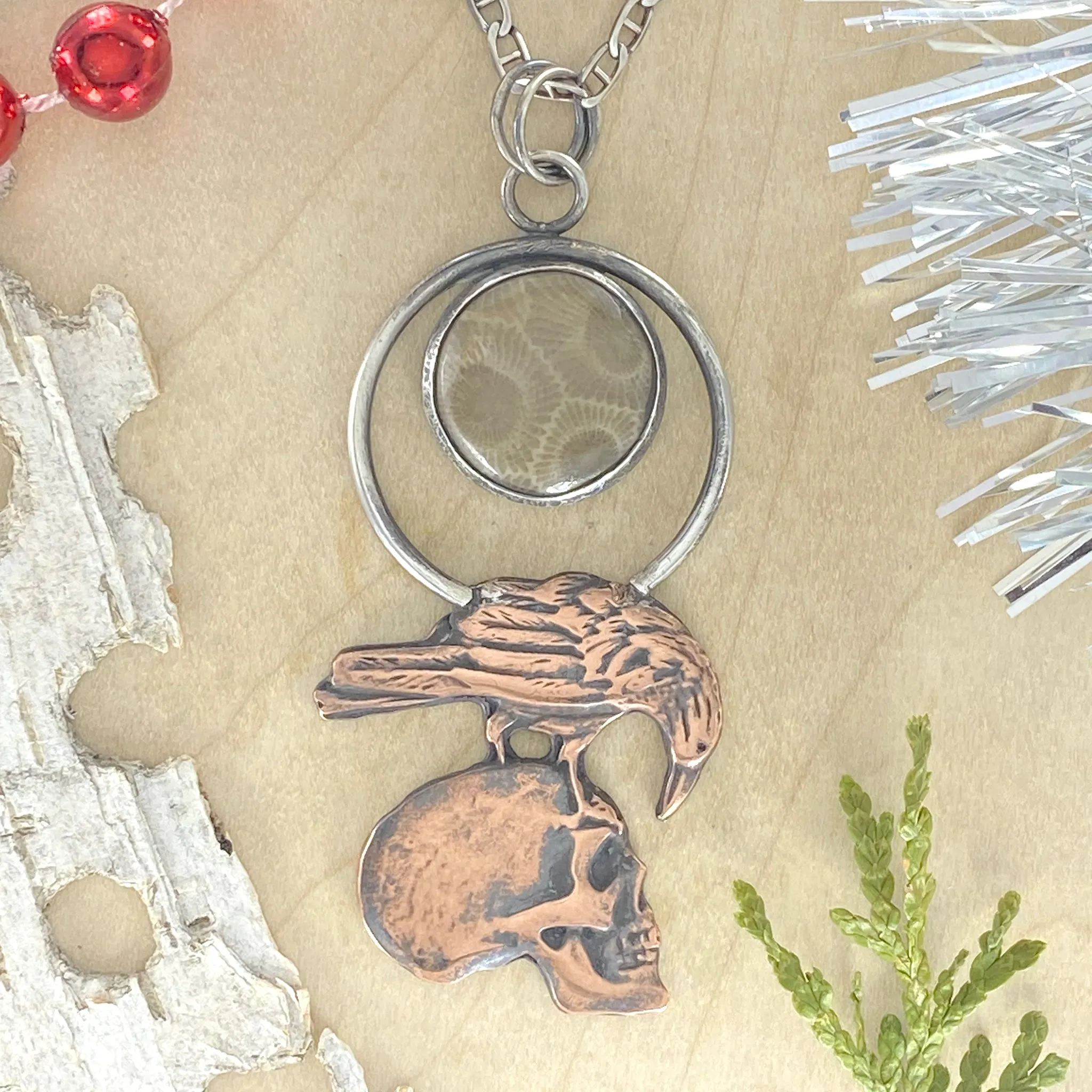 Petoskey Stone with Raven and Skull Pendant Necklace