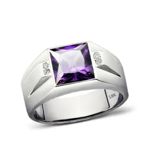 Real 18K White Gold Men's Ring 4 Natural Diamonds Accents and Purple Amethyst