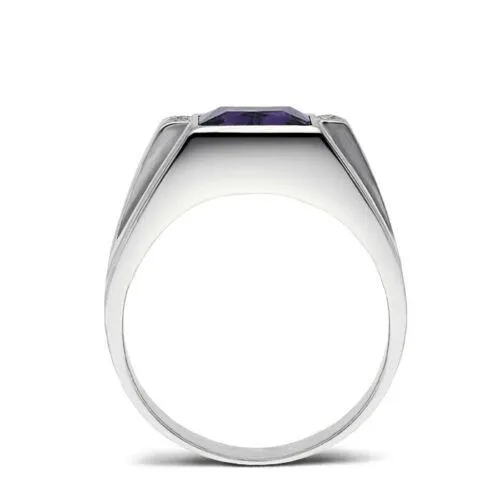 Real 18K White Gold Men's Ring 4 Natural Diamonds Accents and Purple Amethyst