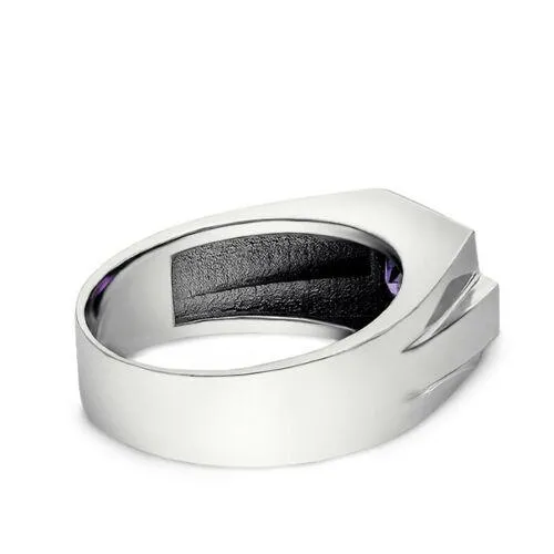 Real 18K White Gold Men's Ring 4 Natural Diamonds Accents and Purple Amethyst