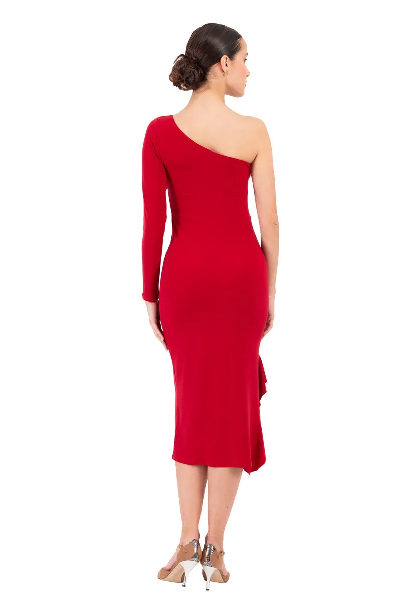 Red & Purple One-Sleeved Midi Dress With Side Ruffles (S)