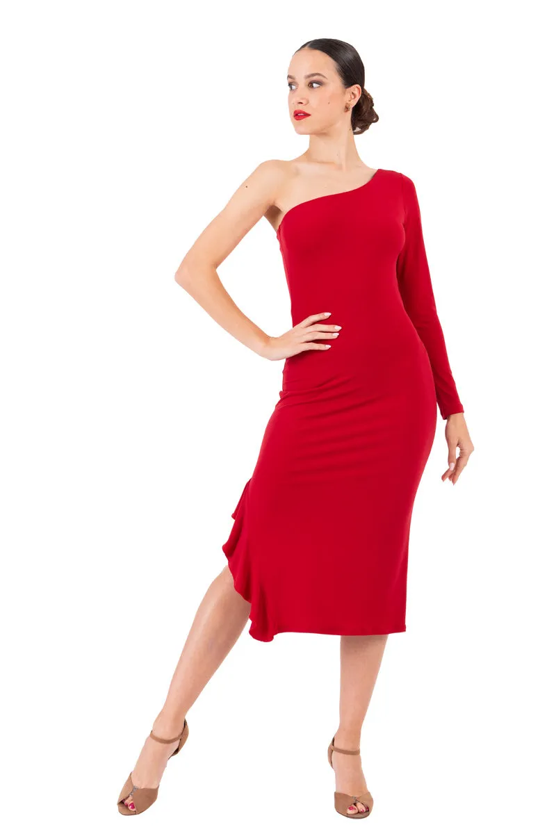 Red & Purple One-Sleeved Midi Dress With Side Ruffles (S)