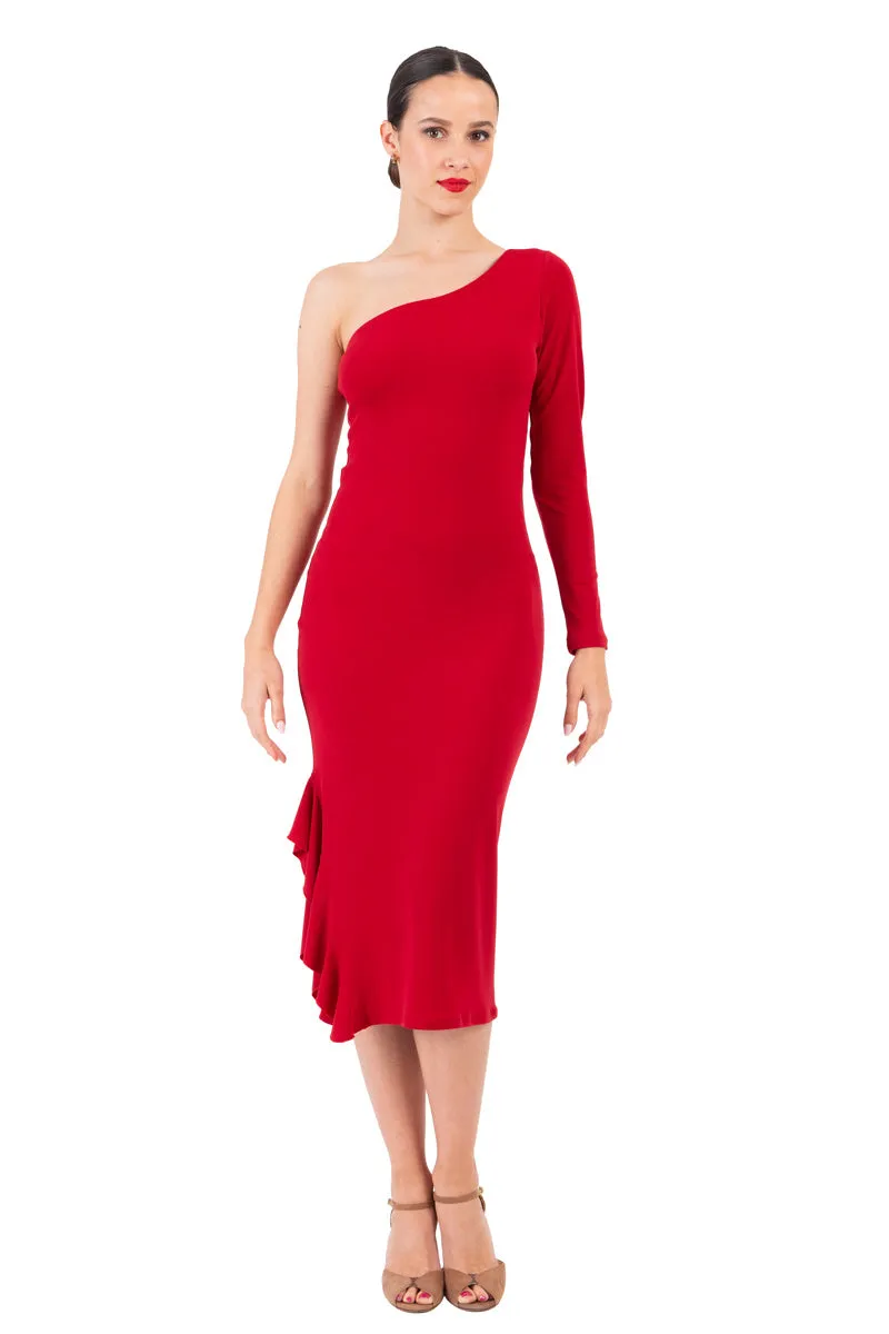 Red & Purple One-Sleeved Midi Dress With Side Ruffles (S)