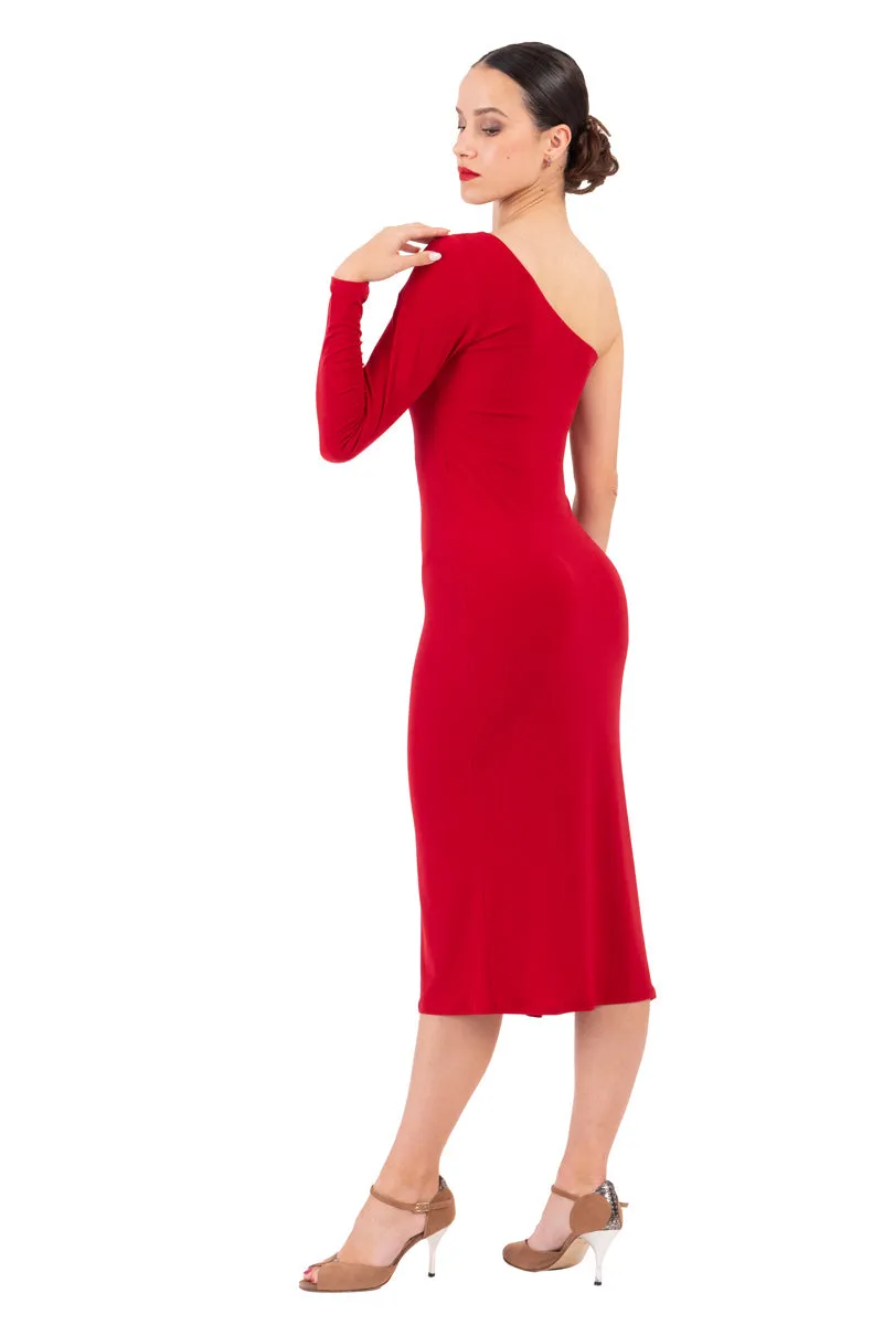 Red & Purple One-Sleeved Midi Dress With Side Ruffles (S)