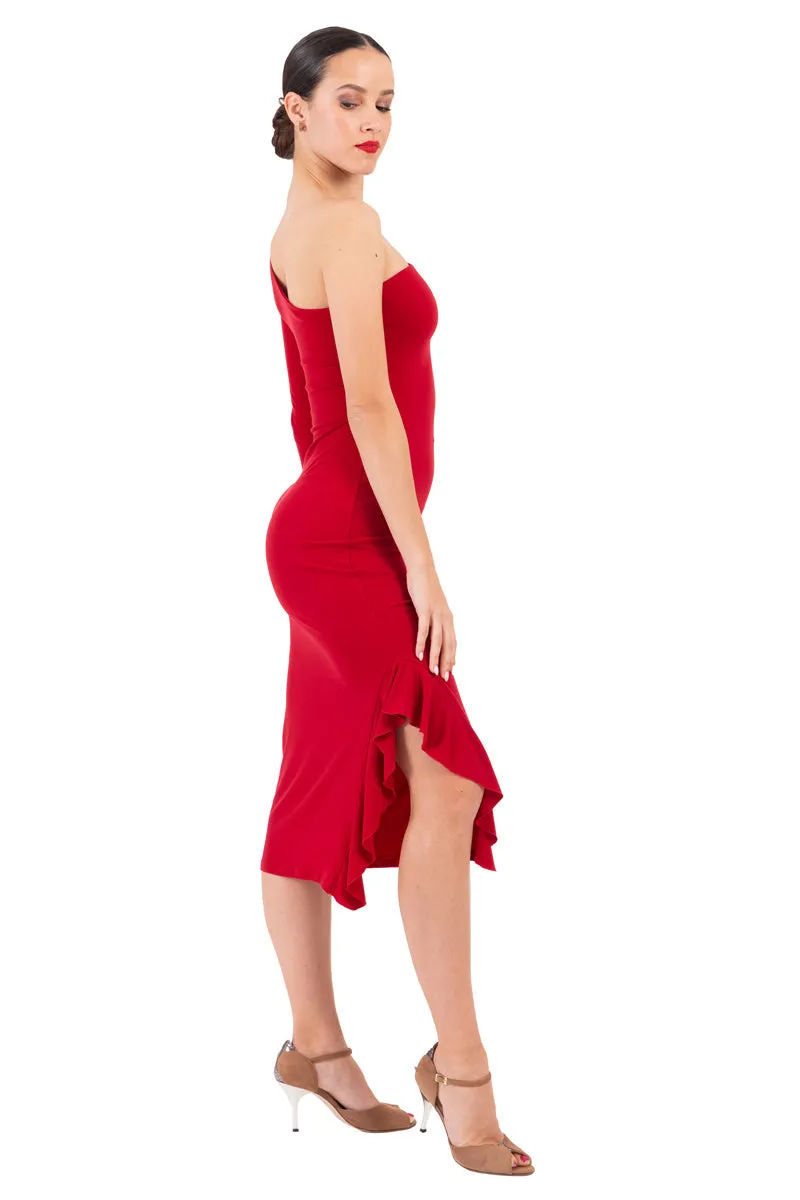 Red & Purple One-Sleeved Midi Dress With Side Ruffles (S)