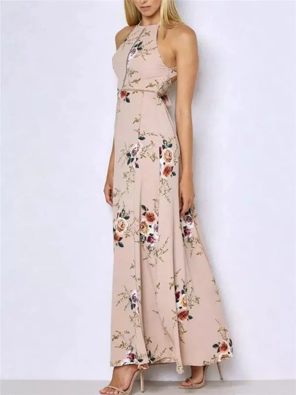 Retro Floral Print Sleeveless Halter Dress