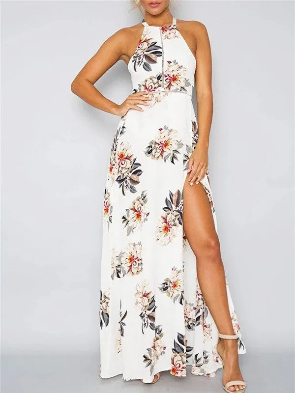 Retro Floral Print Sleeveless Halter Dress