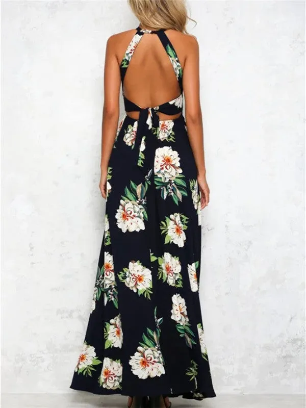 Retro Floral Print Sleeveless Halter Dress