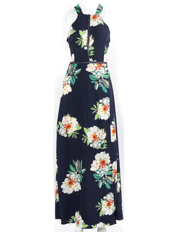 Retro Floral Print Sleeveless Halter Dress